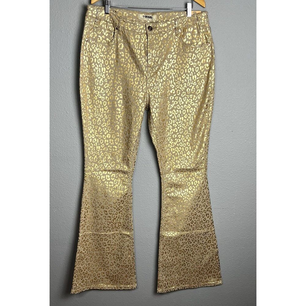 Rock & Roll Denim Ladies 36x36 Metallic Gold Cheetah High Rise Flare Disco Jeans